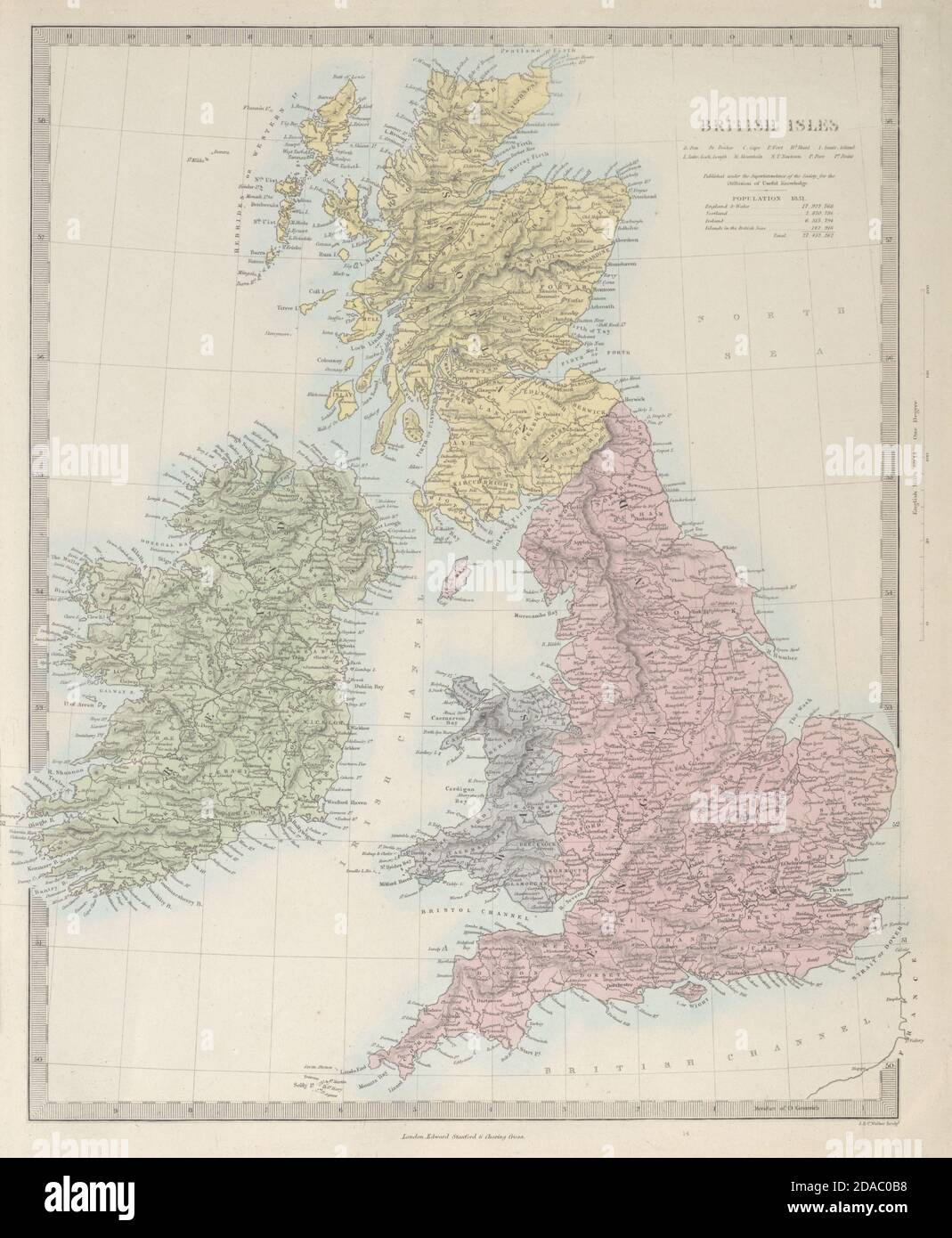 ISLAS BRITÁNICAS. Reino Unido e Irlanda. Condados pueblos ríos. Mapa SDUK 1857 Foto de stock
