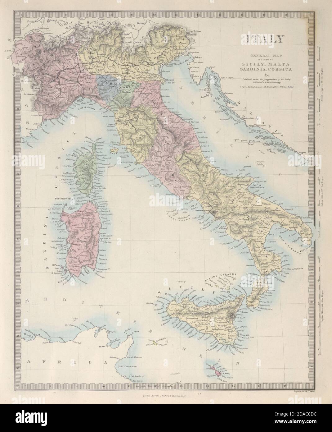 MAPA general DE ITALIA. Sicilia Cerdeña Córcega. Incluye Savoie y Niza. SDUK 1857 Foto de stock