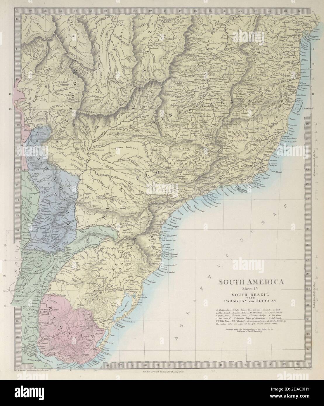 BRASIL DEL SUR PARAGUAY URUGUAY. Bahia Minas Gerais São Paulo. SDUK 1857 mapa antiguo Foto de stock