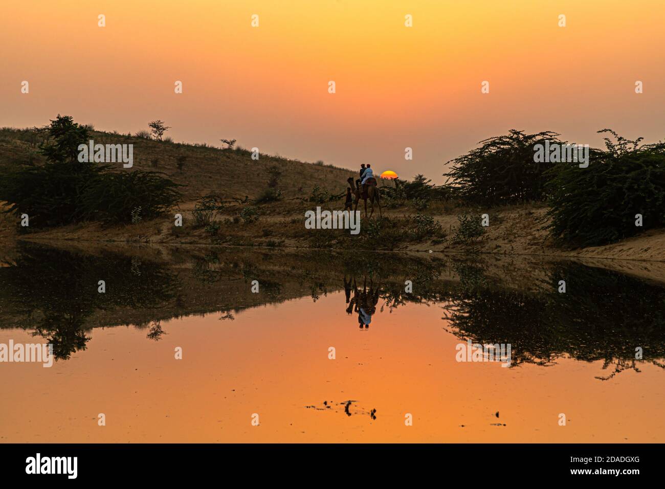 vista de la hermosa puesta de sol y el reflejo de camello en el estanque. Foto de stock
