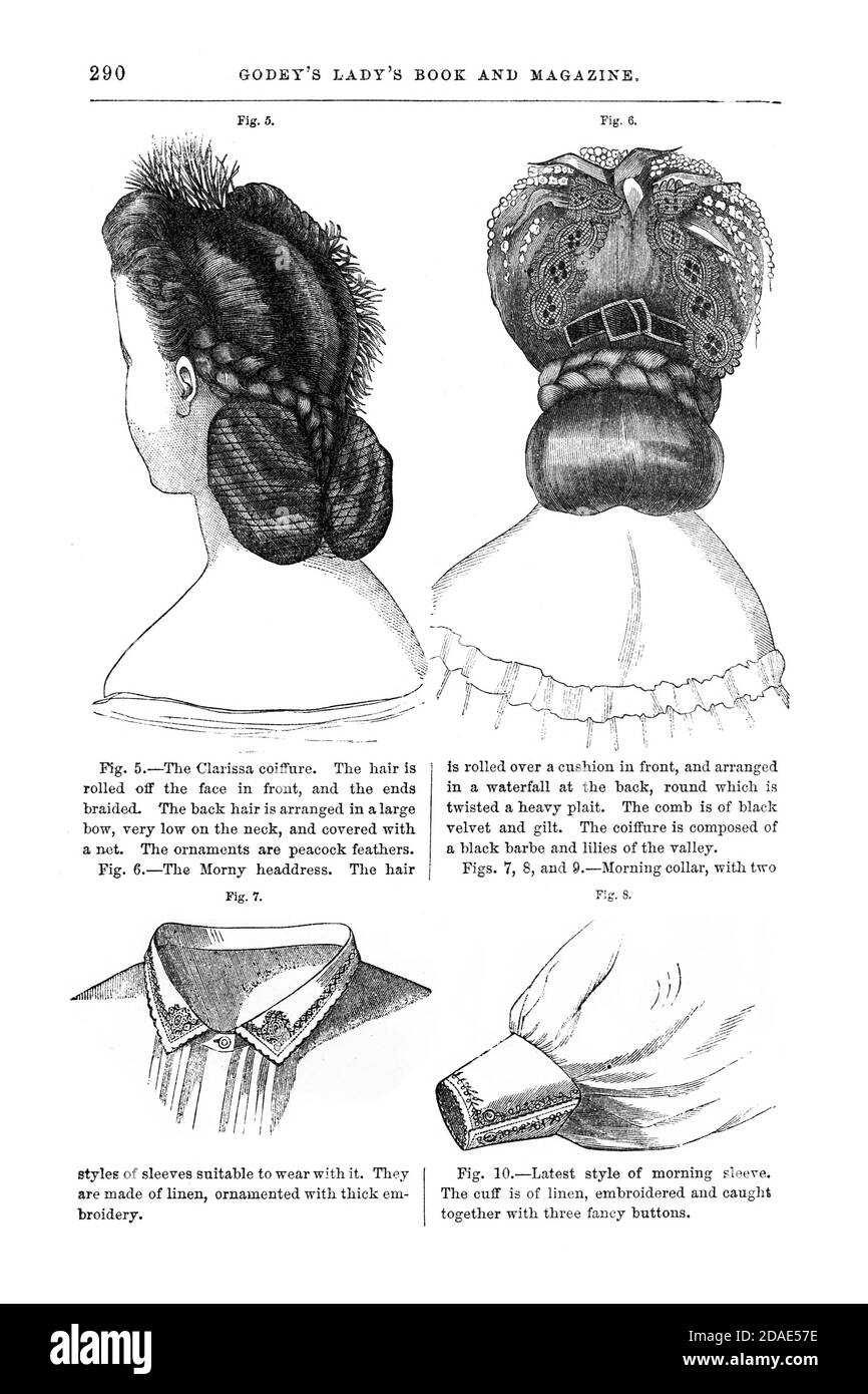 Coiffures - peinado femenino de Godey's Lady's Book and Magazine, Marc, 1864, volumen LXIX, (volumen 69), Filadelfia, Louis A. Godey, Sarah Josefa Hale, Foto de stock