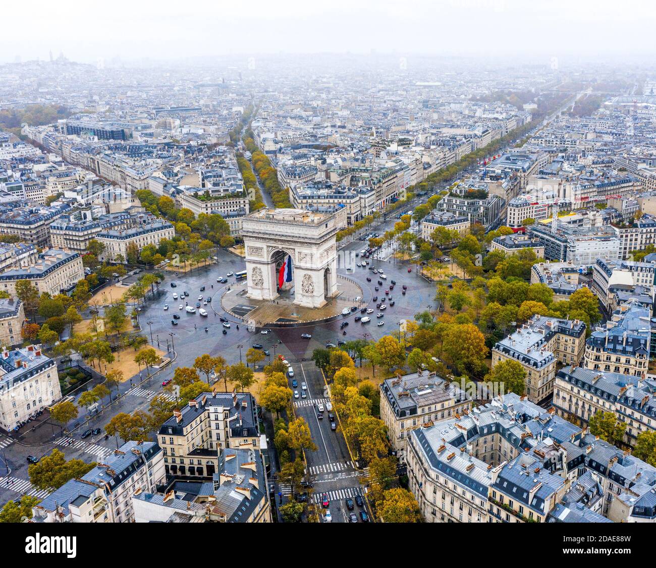 Vista aérea del Arco del Triunfo, París Foto de stock