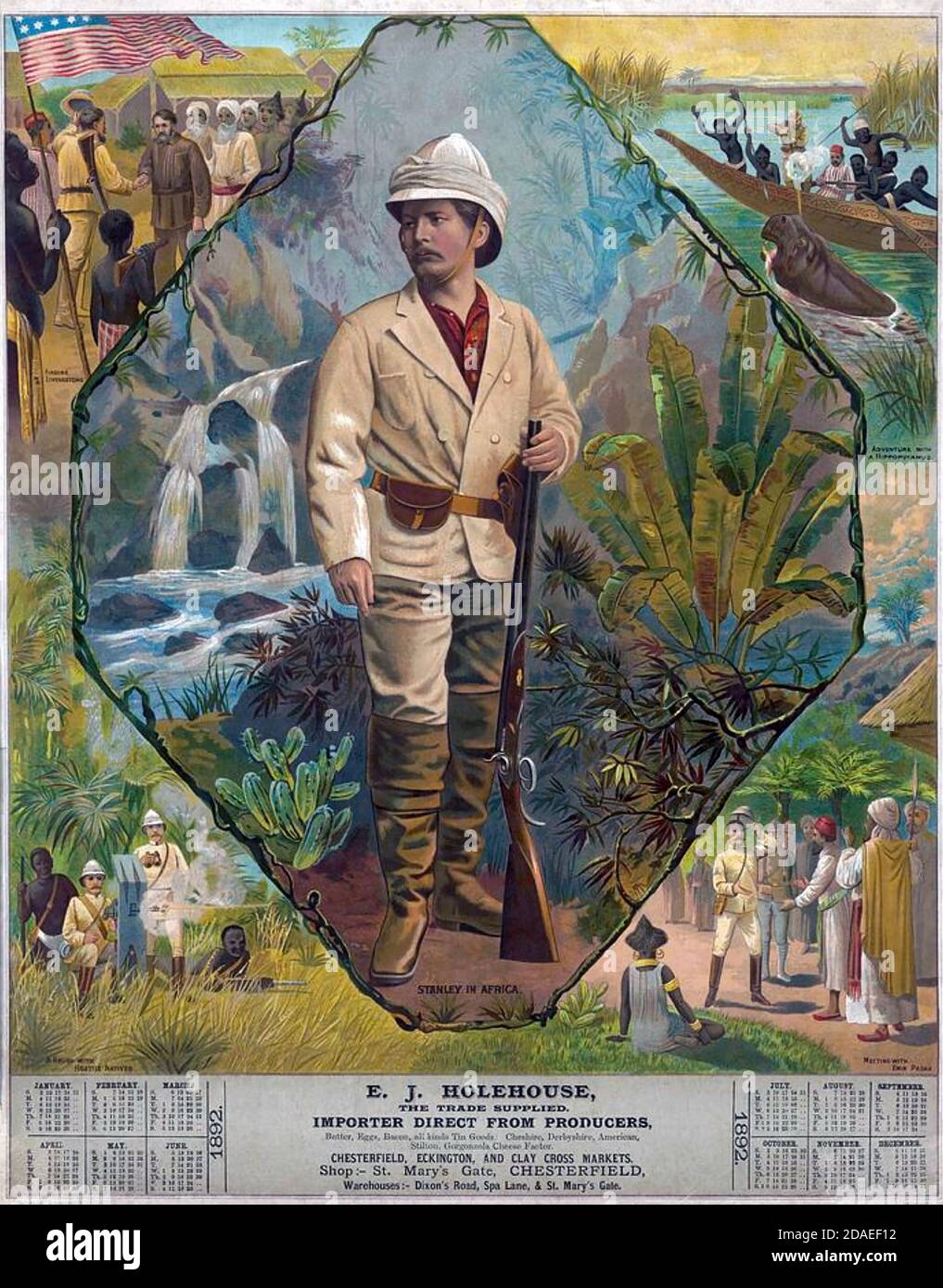 HENRY MORTON STANLEY (1841-1904) soldado galés-americano, explorador, periodista en un retrato de 1872 que se utiliza en el calendario promocional de un comerciante inglés para 1892. Las imágenes de cada esquina muestran lo más destacado de la vida de Morton. Foto de stock
