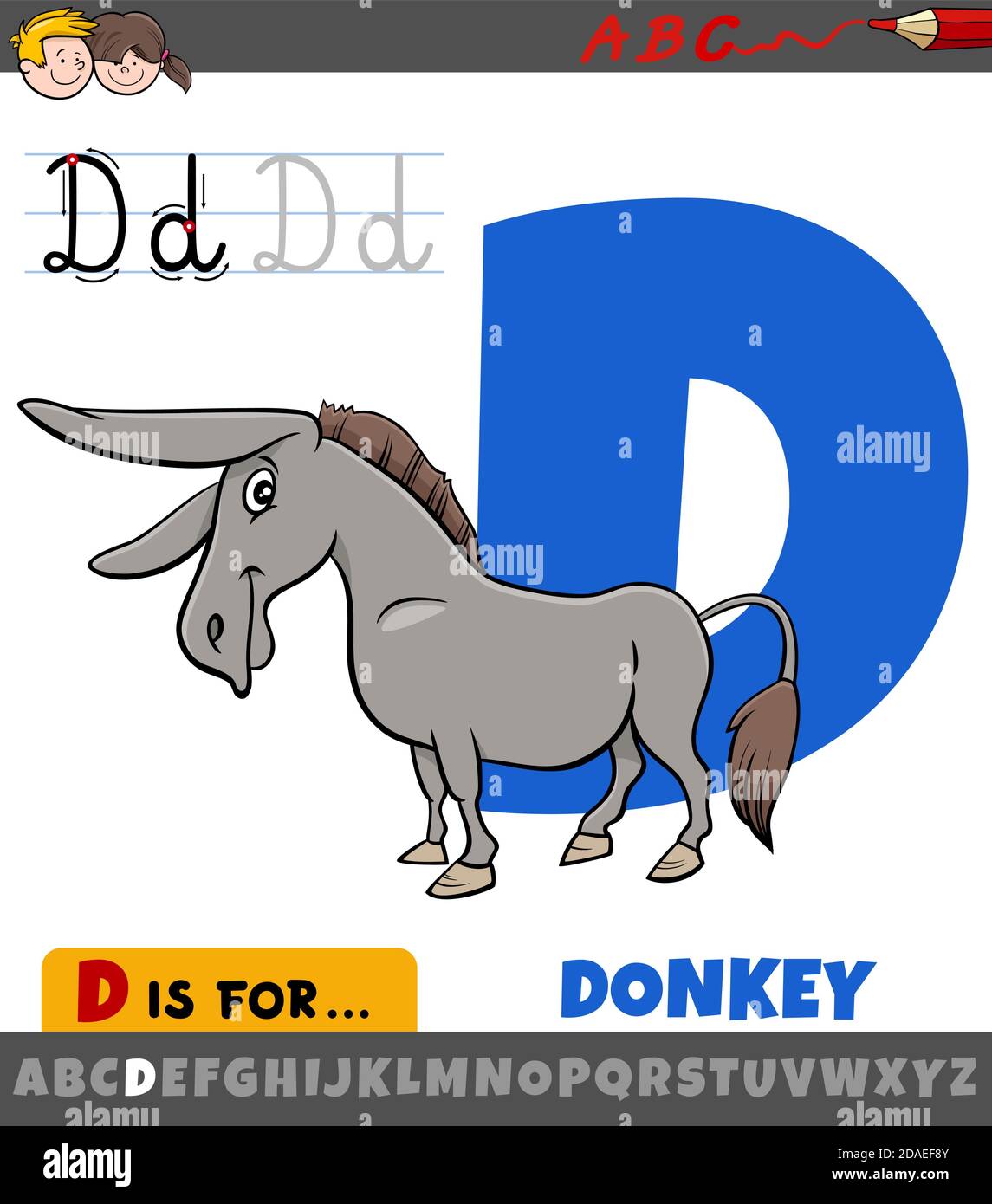 Dibujo de dibujos animados educativos de la letra D del alfabeto con cómic burro para niños Imagen Vector de stock - Alamy Dibujo de dibujos animados educativos de la letra D del alfabeto con cómic burro para niños Imagen Vector de stock - Alamy