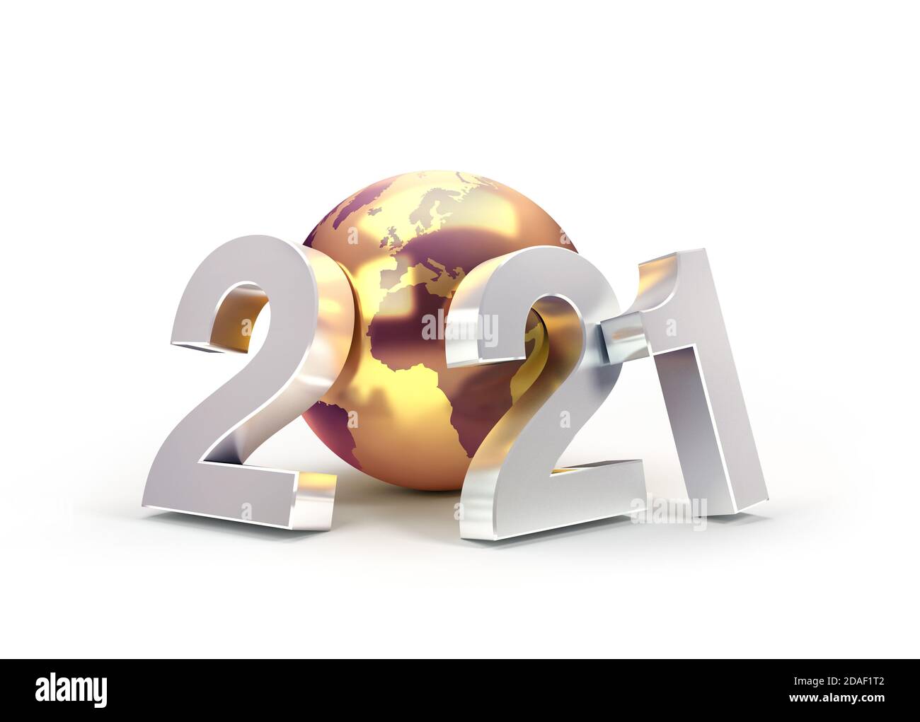 2021 año Nuevo número de fecha compuesto con un planeta de oro tierra, centrado en Europa y África, aislado en blanco - ilustración 3D Foto de stock