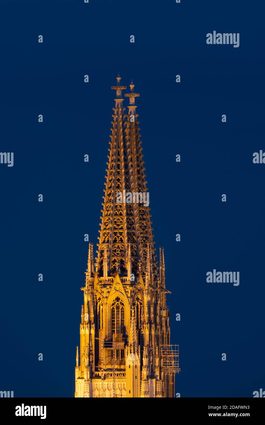 Detalle der Spitze des Nordturms des Regensburger Doms bei Nacht Foto de stock