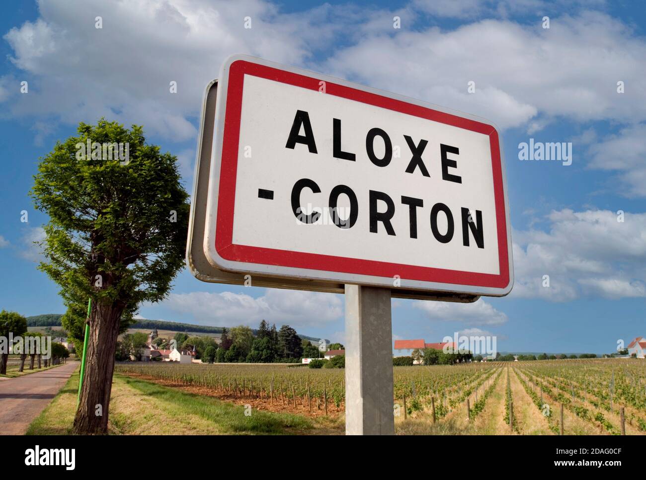 ALOXE CORTON VINEYARDS señal de carretera para Aloxe Corton un famoso Comuna que produce vino de alta calidad Borgoña Cote d'Or Francia Foto de stock