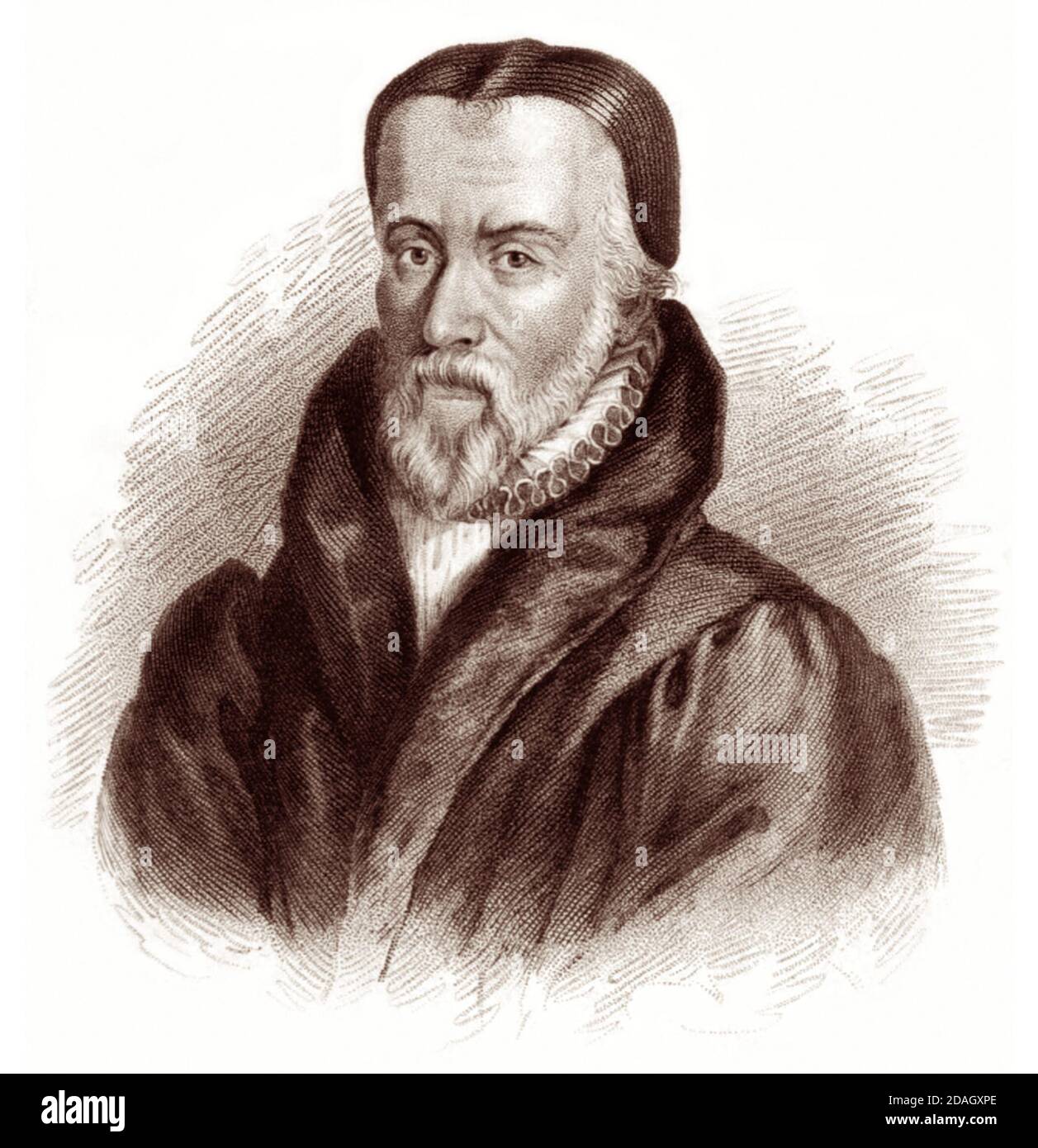 William Tyndale (1494 - 1536) fue un erudito inglés y destacada figura de la Reforma Protestante que, desafiando a la Iglesia Católica y el gobierno inglés, tradujo la Biblia al inglés, para lo cual fue estrangulado y quemado en la hoguera en 1536. Foto de stock