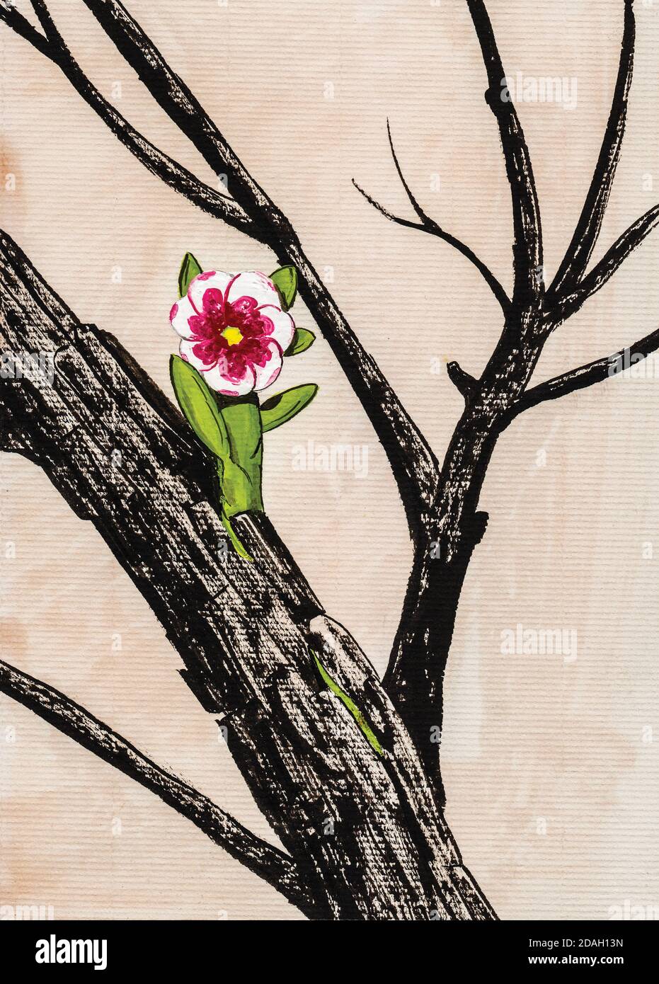 Ilustración de una flor pequeña y colorida que crece de una rama carbonada.  Acuarela y dibujo de tinta Fotografía de stock - Alamy