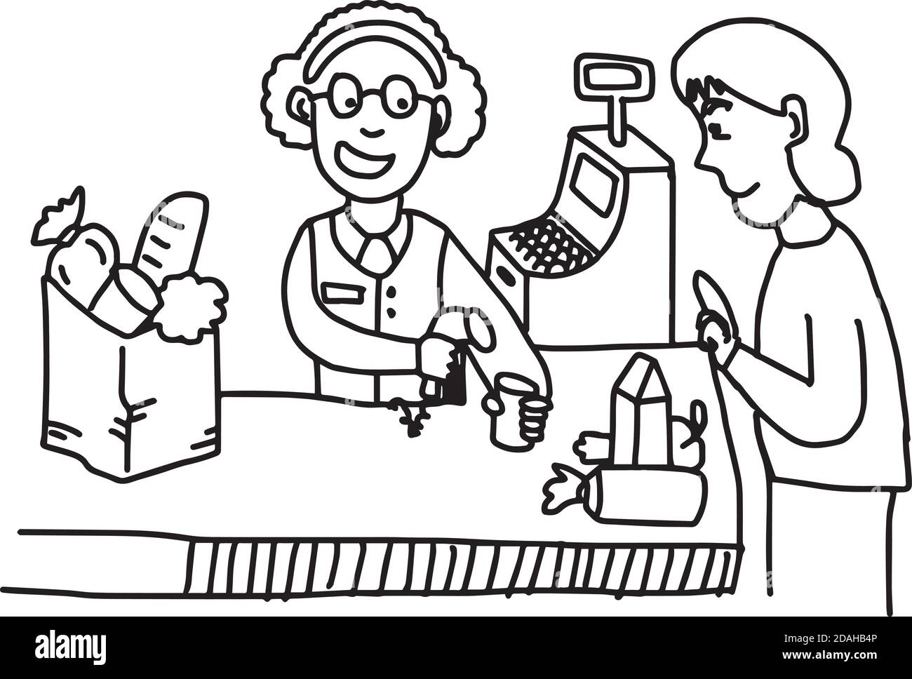ilustración vector tallare dibujado a mano de la vieja mujer usando la  barra escáner de códigos en la caja registradora del supermercado Imagen  Vector de stock - Alamy