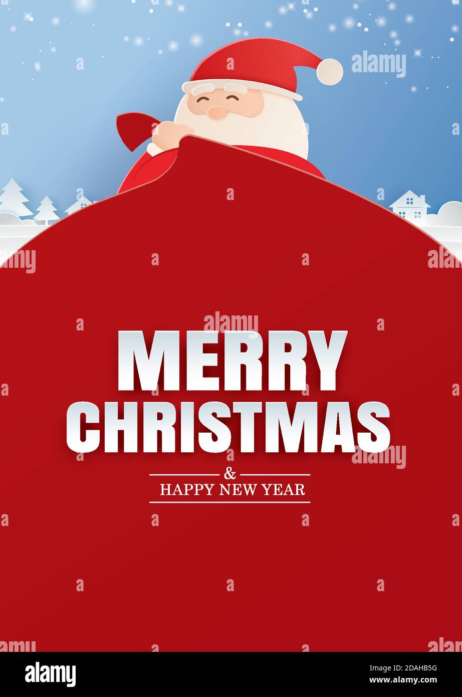 Santa claus y una enorme bolsa de regalos con feliz Navidad y feliz año  nuevo tarjeta de felicitación. Usar para banner, póster, portada y todos  los medios Imagen Vector de stock -