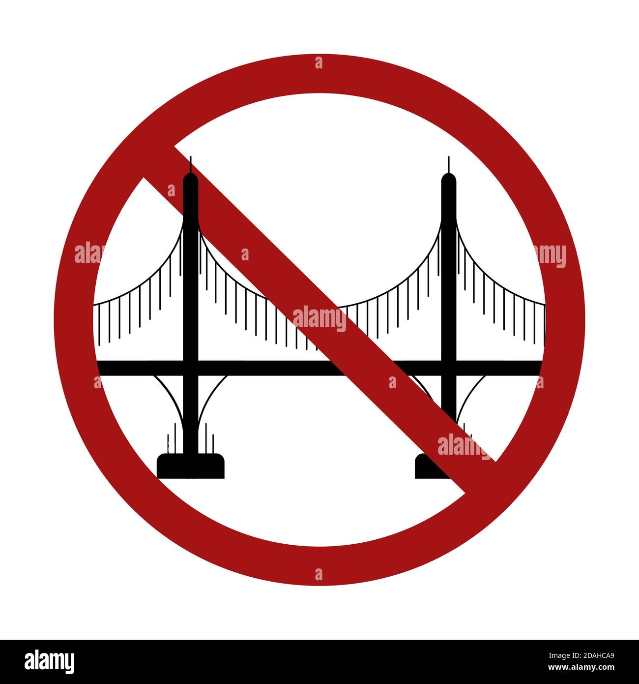 Prohibición de la construcción de puentes. Silueta negra de un puente sobre columnas en un signo rojo de prohibición. Señal de vector prohibido para logotipos, iconos e y. Ilustración del Vector