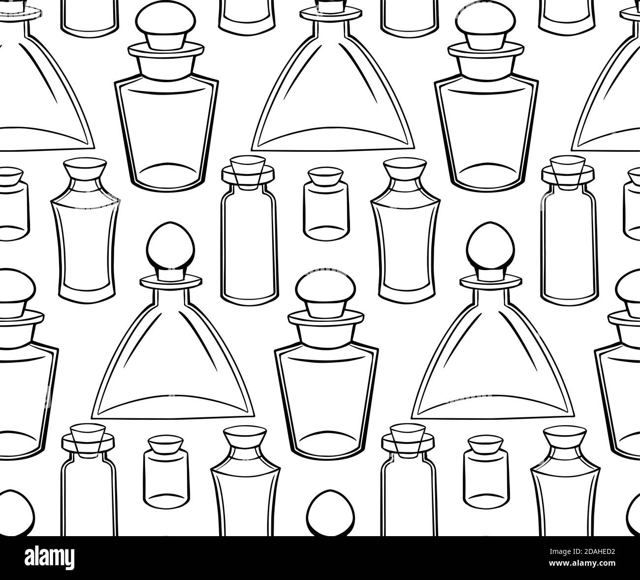 Textura sin costuras con botellas de contorno, matraces y tarros sobre fondo blanco. Objetos mágicos de farmacia. Patrón de contorno vectorial para tejidos, fondos de pantalla Imagen Vector de stock - Alamy Textura sin costuras con botellas de contorno, matraces y tarros sobre fondo blanco. Objetos mágicos de farmacia. Patrón de contorno vectorial para tejidos, fondos de pantalla Imagen Vector de stock - Alamy