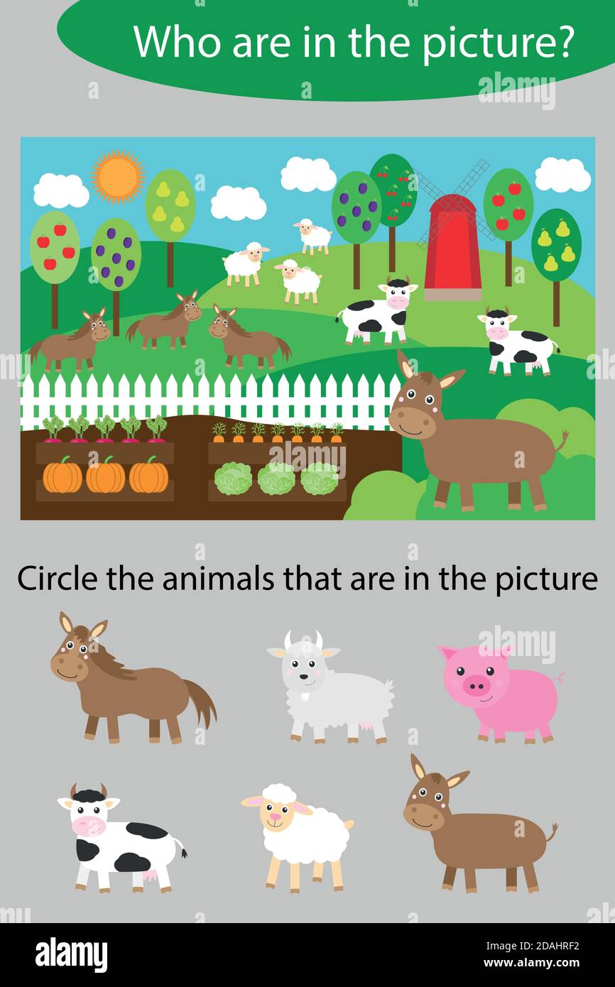 Circule los animales, juego para niños granja con estilo de dibujos  animados de jardín, juego de educación para niños, actividad de hoja de  trabajo preescolar, tarea para el desarrollo Imagen Vector de