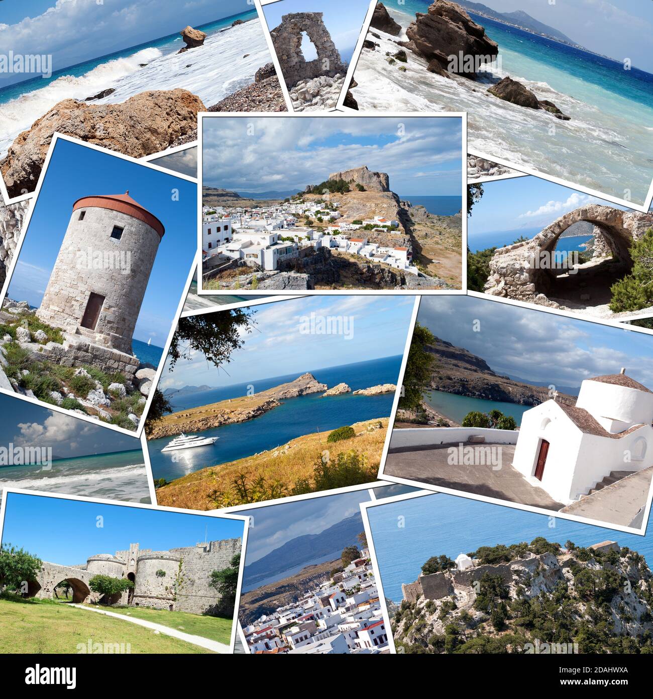 Fondo con fotos de viaje de la isla de Rodas en Grecia Foto de stock