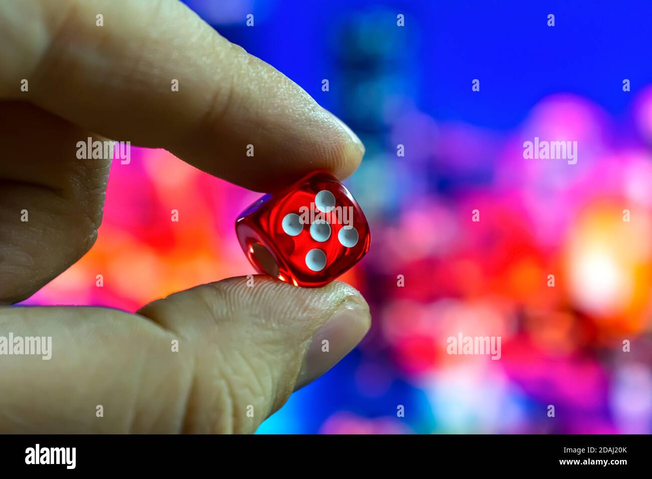 Un hombre sostiene dados rojos en sus manos entre los dedos sobre el fondo de las luces nocturnas de la ciudad Foto de stock