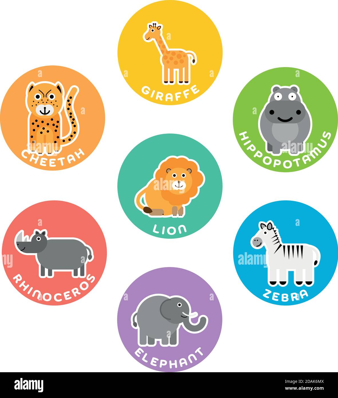 Colección de animales salvajes de sabana africana. Juego de 7 personajes de  dibujos animados en el círculo con etiquetas de nombre. Ilustración  vectorial Imagen Vector de stock - Alamy