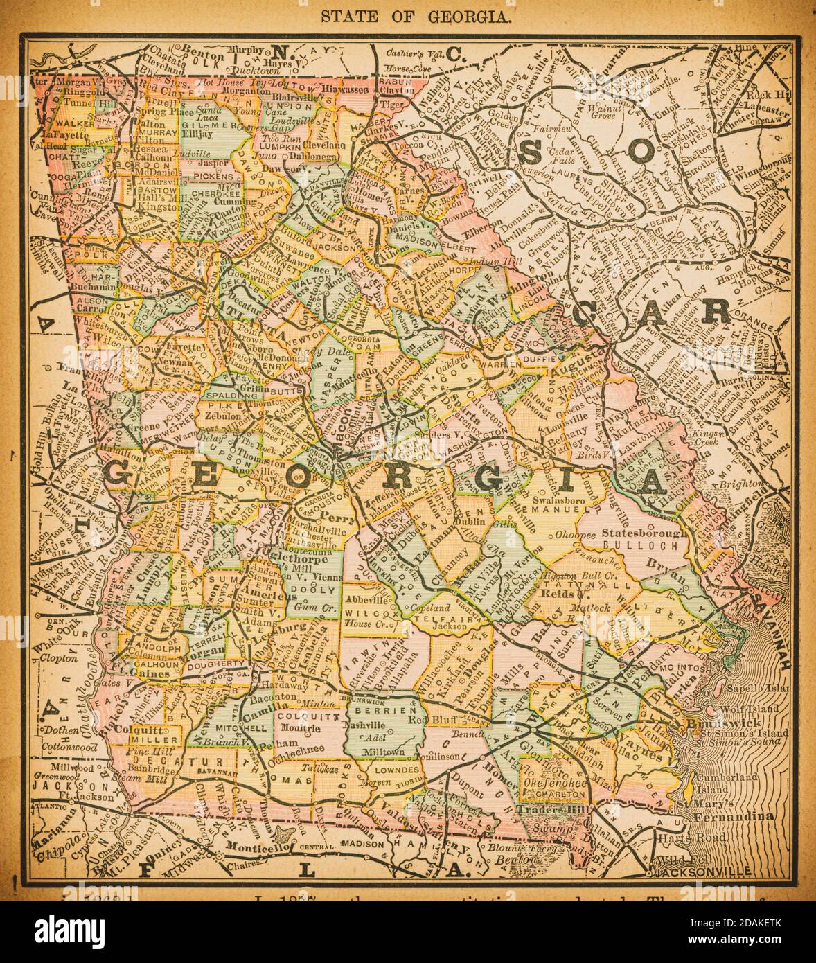 Mapa del siglo XIX del Estado de Georgia. Publicado en Nuevo Atlas del dólar de los Estados Unidos y dominio de Canadá. (Rand McNally & Co's, Chicago, 1884). Foto de stock