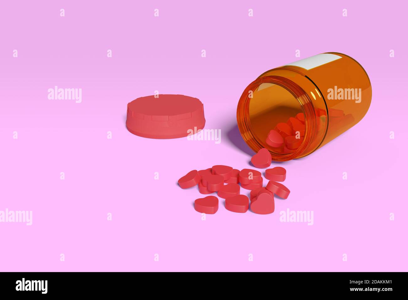 Corazón derramado píldoras al lado de una botella de pastillas aisladas sobre un fondo rosa. Concepto de adicción a las redes sociales. ilustración 3d. Foto de stock