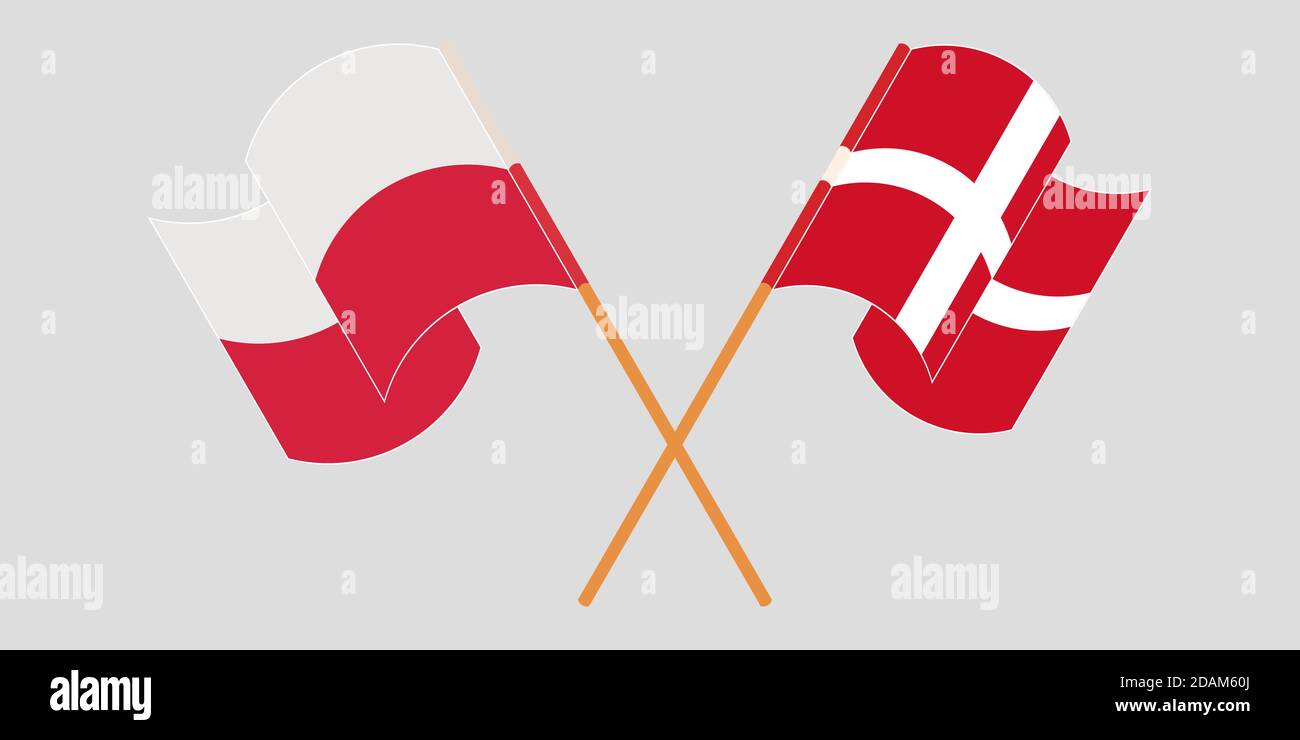 Banderas cruzadas y agitadas de Polonia y Dinamarca. Ilustración vectorial Ilustración del Vector