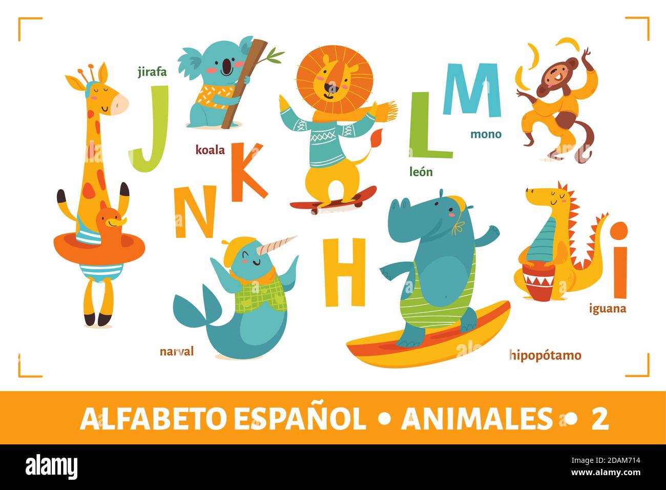 Póster del alfabeto español con animales de dibujos animados Imagen Vector  de stock - Alamy