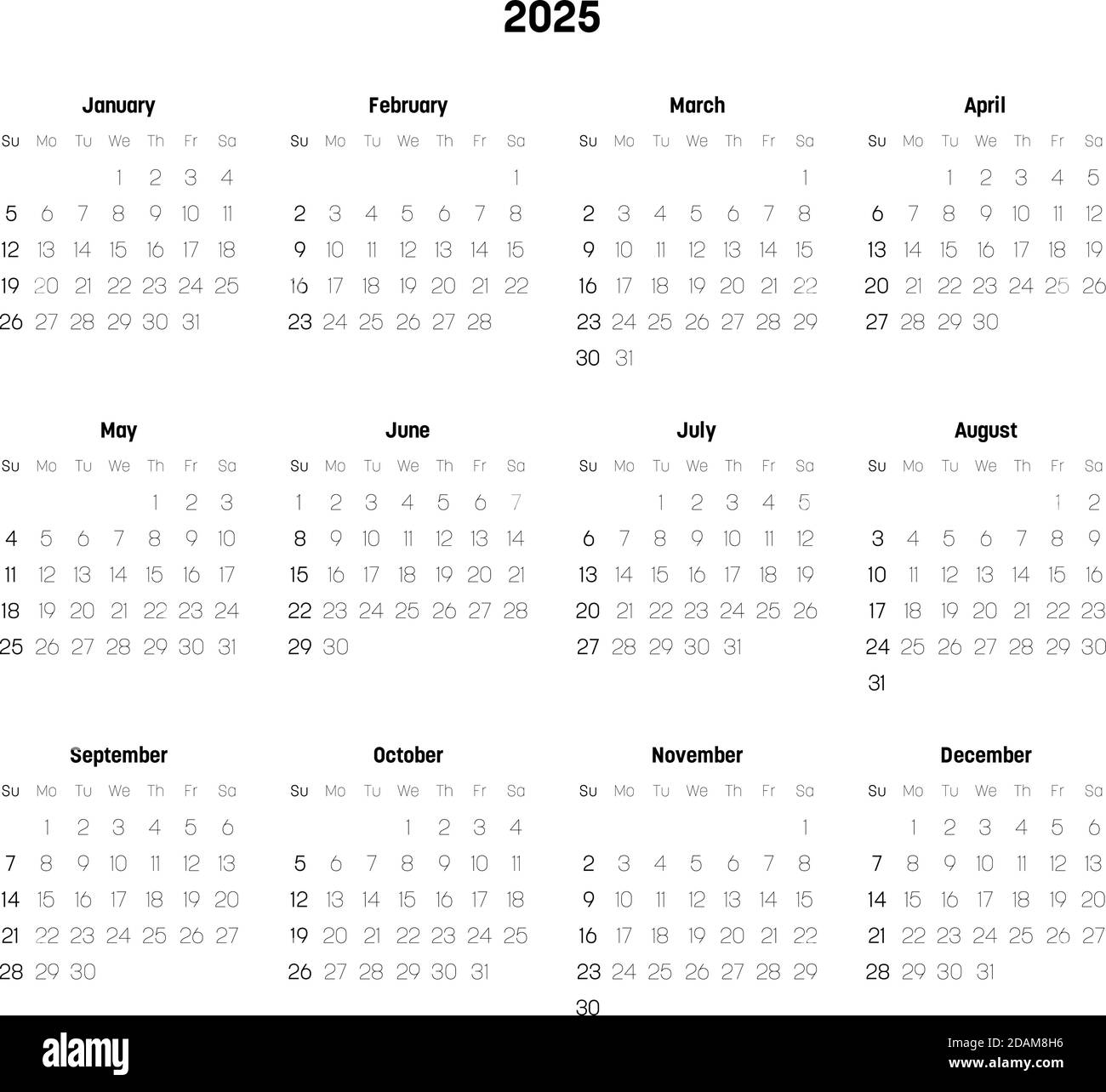 Calendario mensual del año 2025. La semana comienza el domingo. Bloque de meses en disposición