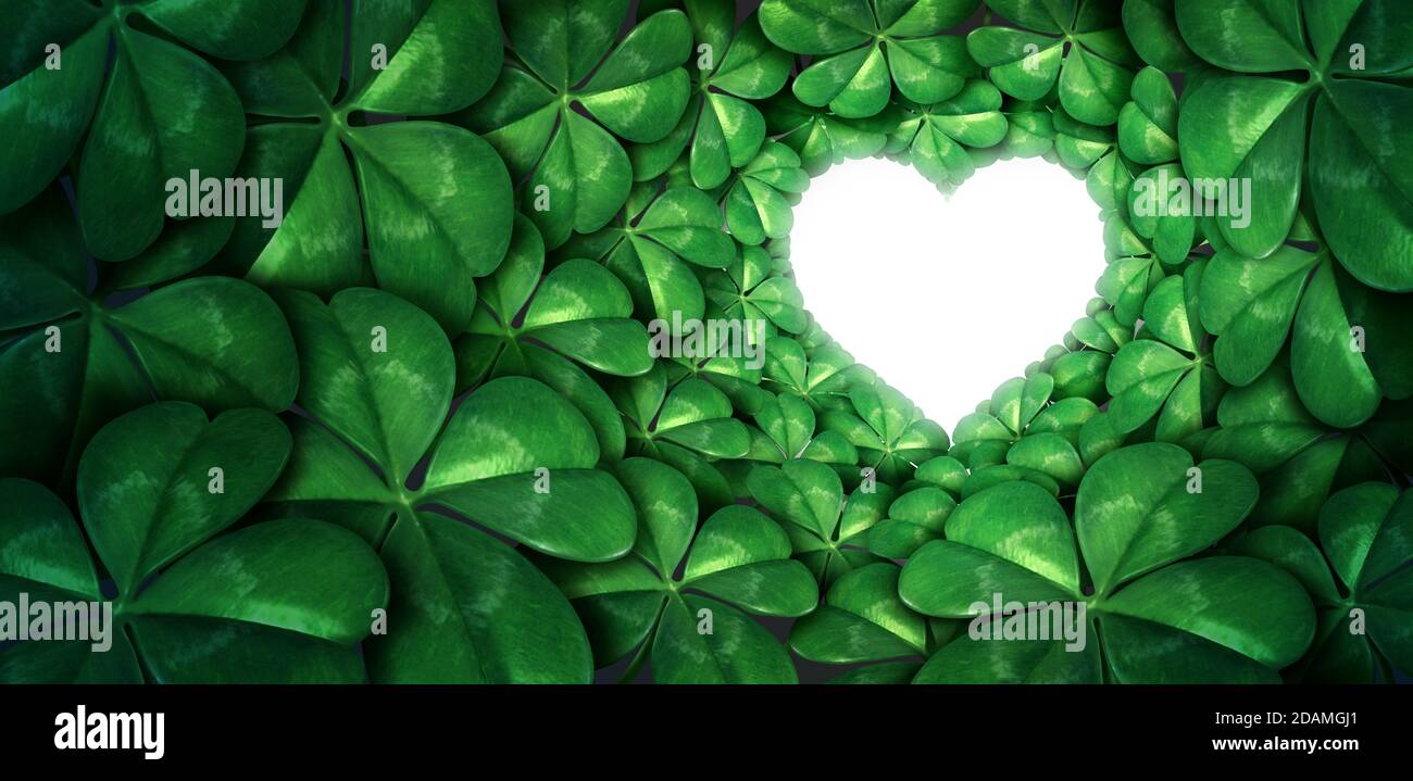 El amor verde del shamrock y el corazón afortunado como un símbolo del día de San Patricio y la suerte estacional de primavera icono de la celebración de la tradición irlandesa con cuatro hojas mágicas. Foto de stock