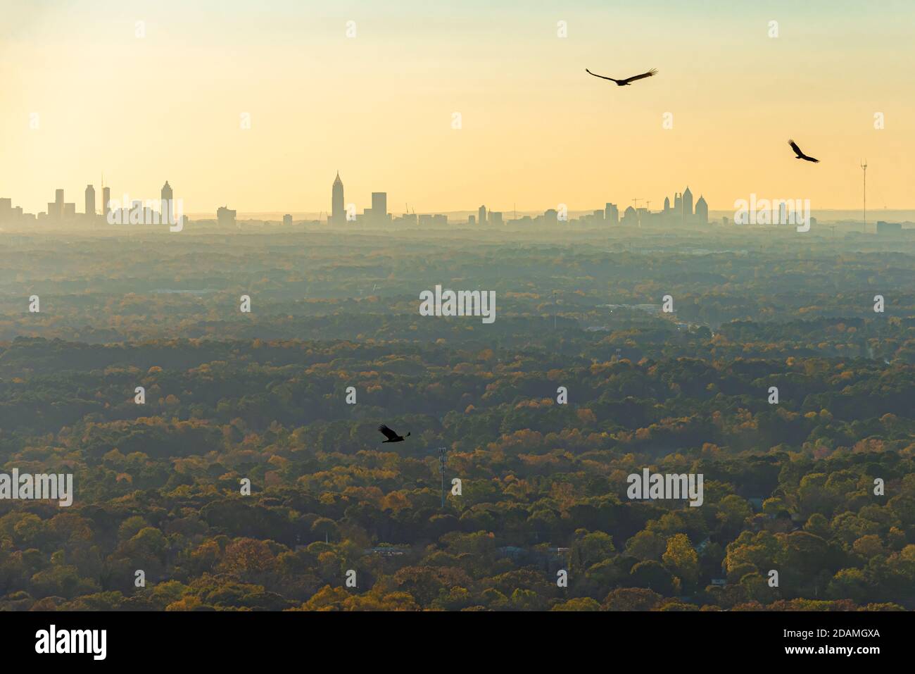 Vista de la puesta del sol del centro y del horizonte de la ciudad de Atlanta desde la cima de Stone Mountain, justo al este de Atlanta en Stone Mountain, Georgia. Foto de stock