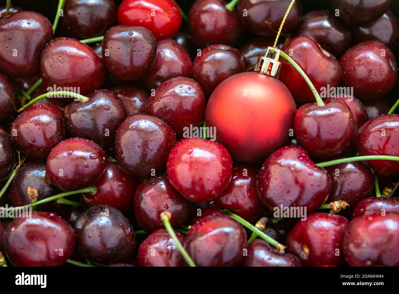 Una bola de Navidad roja entre cerezas rojas maduras, horizontal Foto de stock
