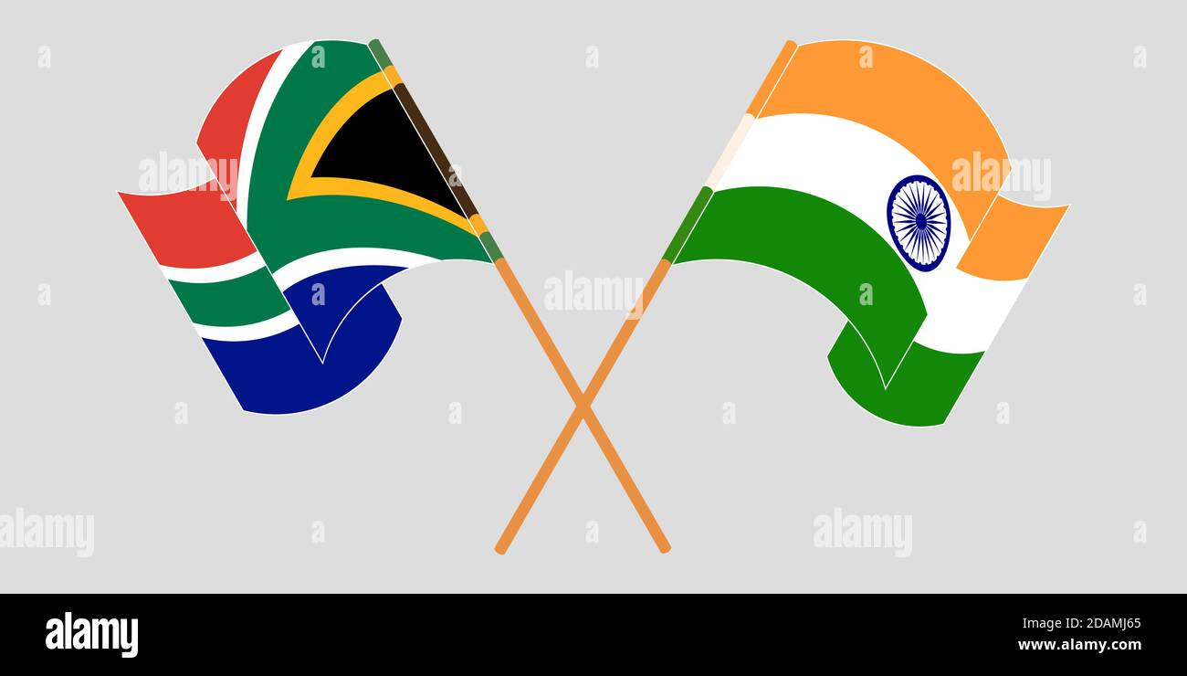 Banderas cruzadas y agitadas de Sudáfrica e India. Ilustración vectorial Ilustración del Vector