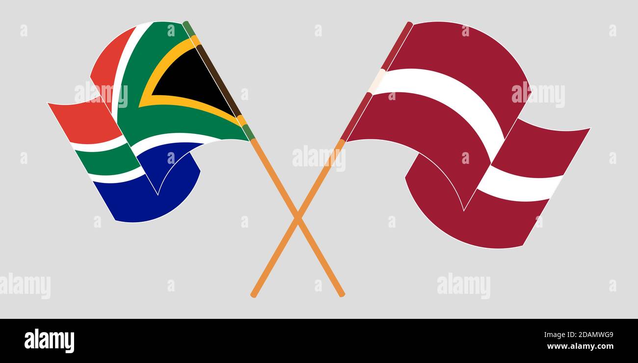 Banderas cruzadas y agitadas de Sudáfrica y Letonia. Ilustración vectorial Ilustración del Vector