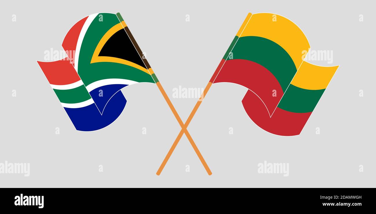 Banderas cruzadas y agitadas de Sudáfrica y Lituania. Ilustración vectorial Ilustración del Vector