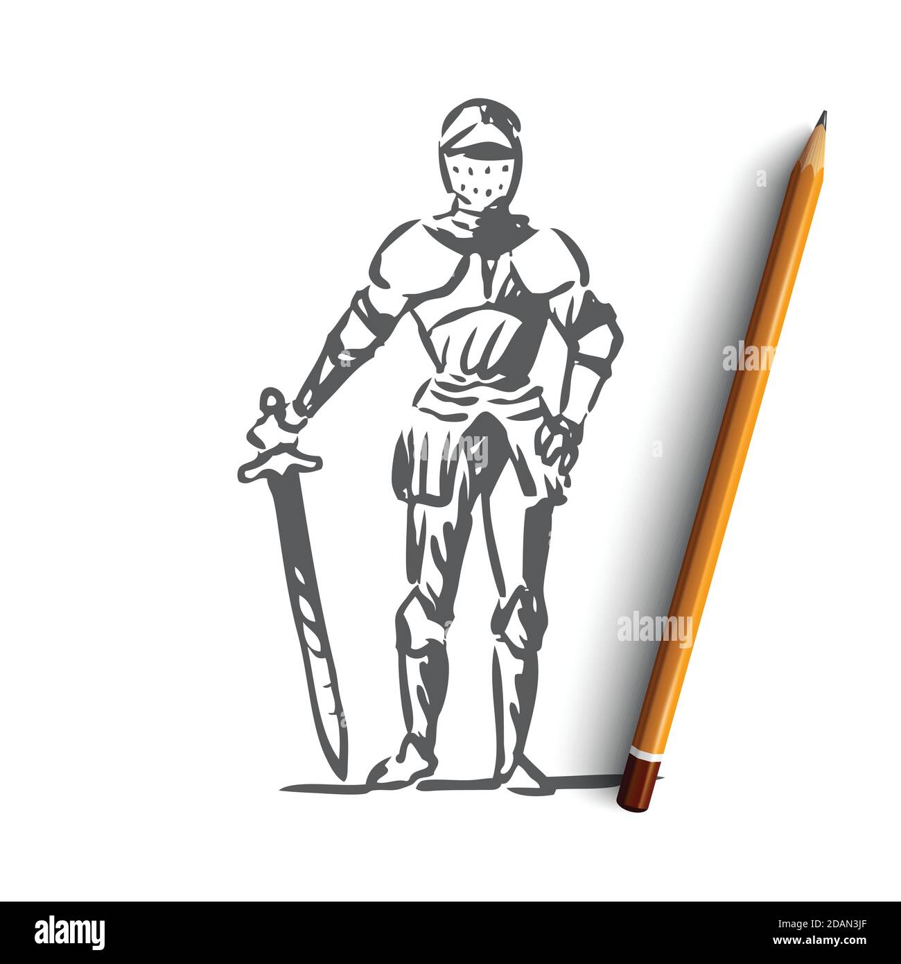 Medieval, caballero, armadura, casco, concepto antiguo. Vector aislado  dibujado a mano Imagen Vector de stock - Alamy