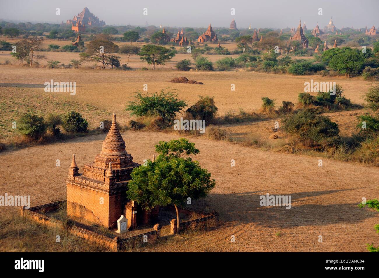 Las estructuras del templo en el templo salpicado de la llanura polvorienta de la antigüedad Bagan Myanmar Foto de stock