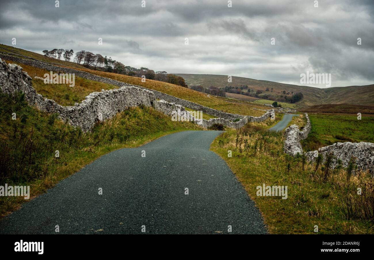 Paisaje del Reino Unido: Mirando hacia el valle menos visitado de Kingsdale y hermosa carretera de ciclismo, Thornton Lane, Yorkshire Dales National Park Foto de stock