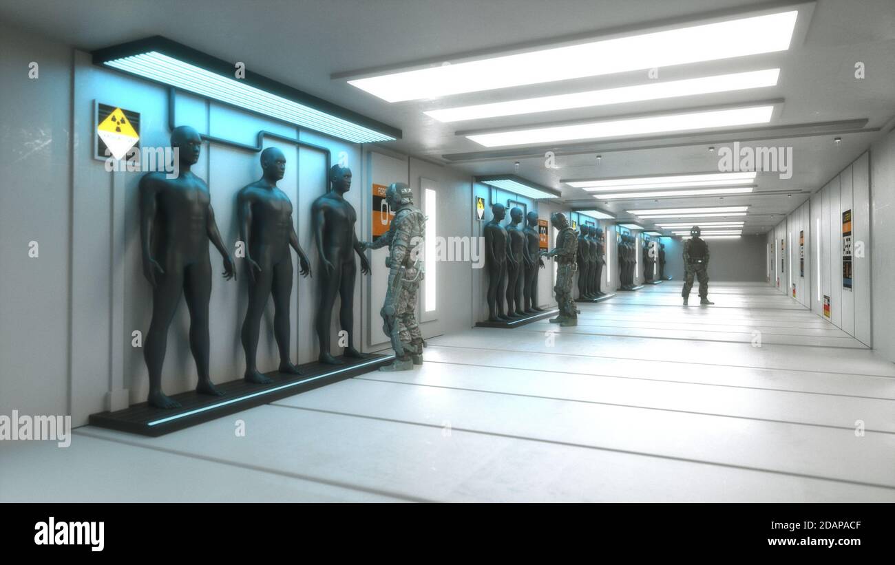 renderización 3d. Escena futurista y figura humanoide Foto de stock