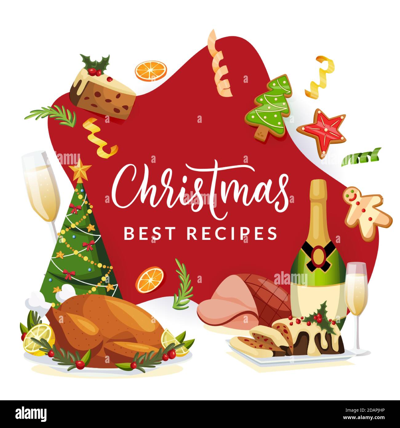 Navidad vacaciones tradicional diseño de menú plantilla. Dibujo de dibujos animados planos vectoriales de pavo asado, champán, pan de jengibre y pastel. Resumen rojo f Imagen Vector de stock - Alamy Navidad vacaciones tradicional diseño de menú plantilla. Dibujo de dibujos animados planos vectoriales de pavo asado, champán, pan de jengibre y pastel. Resumen rojo f Imagen Vector de stock - Alamy