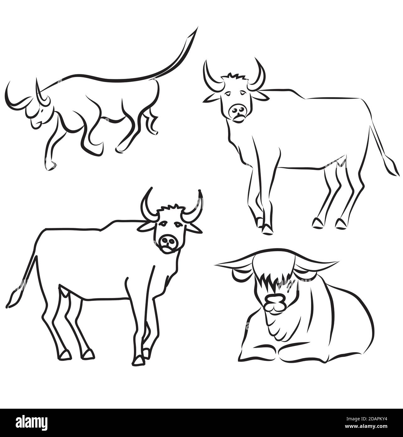 Dibujo a mano alzada de los toros, símbolo del nuevo año. Conjunto de arte lineal Ilustración del Vector