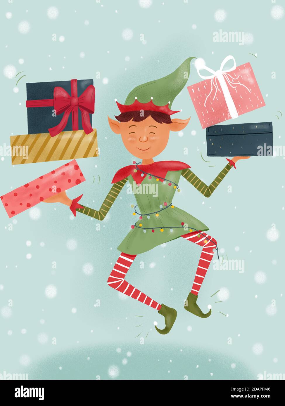 Dibujo a mano Ilustración de la enana de Navidad Elf sosteniendo regalos de Santa Claus. Foto de stock