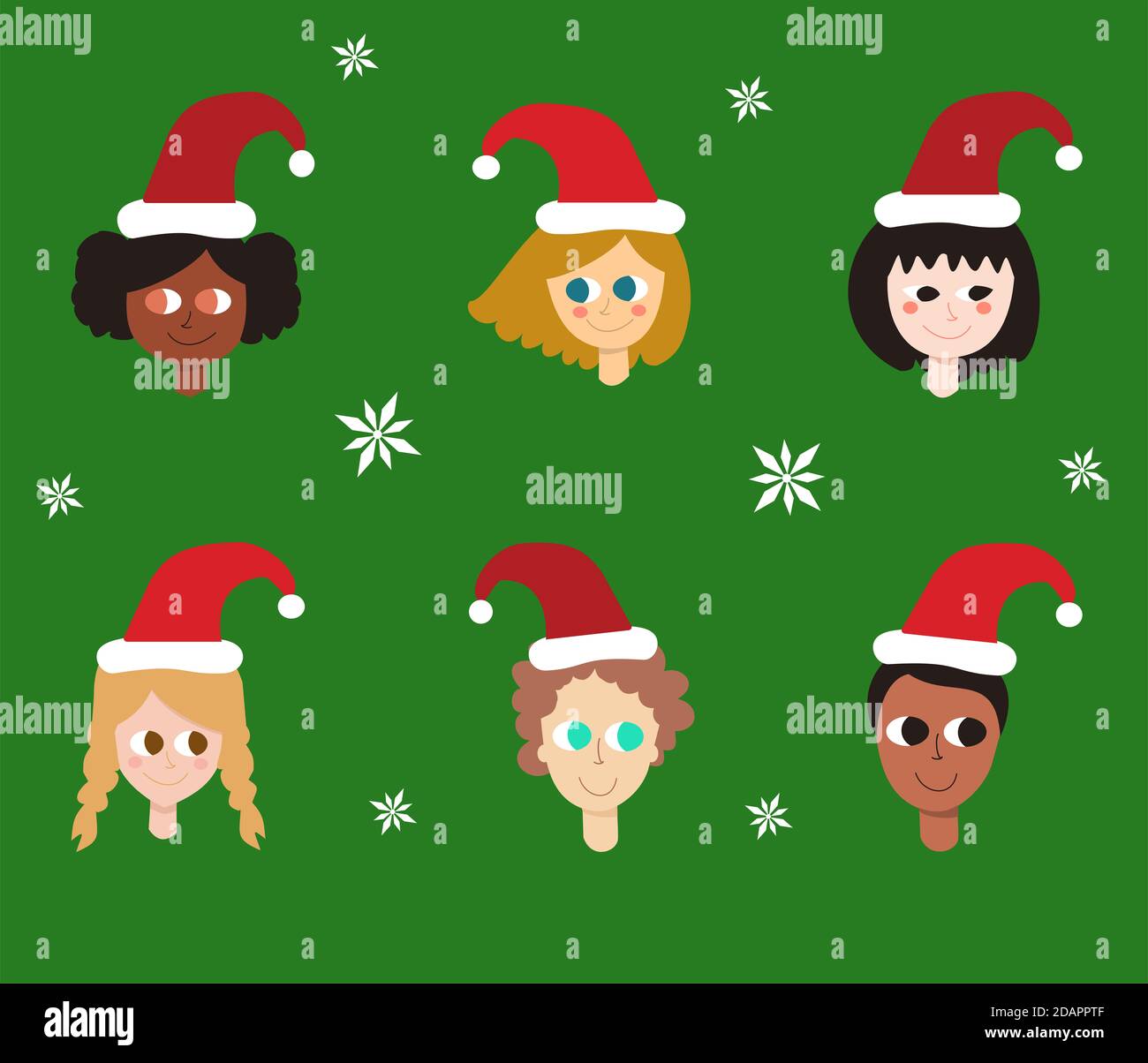 Ilustración de la diversidad de los niños usando sombrero de Navidad. Patrón de Navidad y fondo para niños Foto de stock
