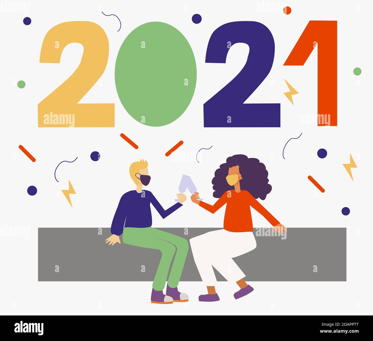 Ilustración de dos personajes con máscaras faciales y celebrando el año nuevo 2021. La nueva normalidad previniendo la infección por el virus de la corona. Foto de stock