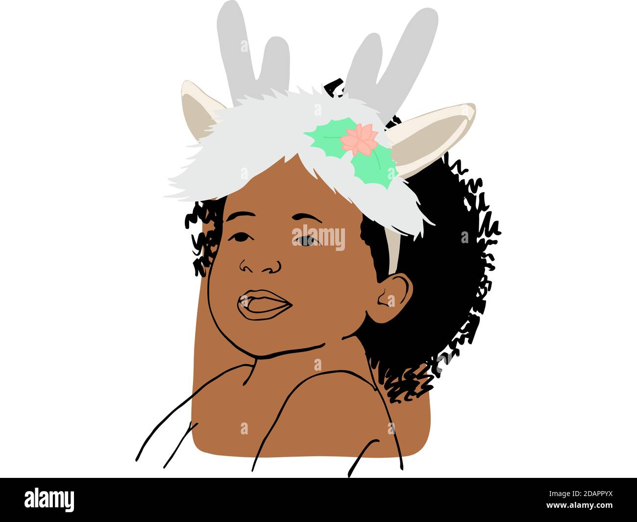 Dibujo a mano retrato de una chica africana con traje de Navidad. Muestra de color de piel en su cara. Foto de stock