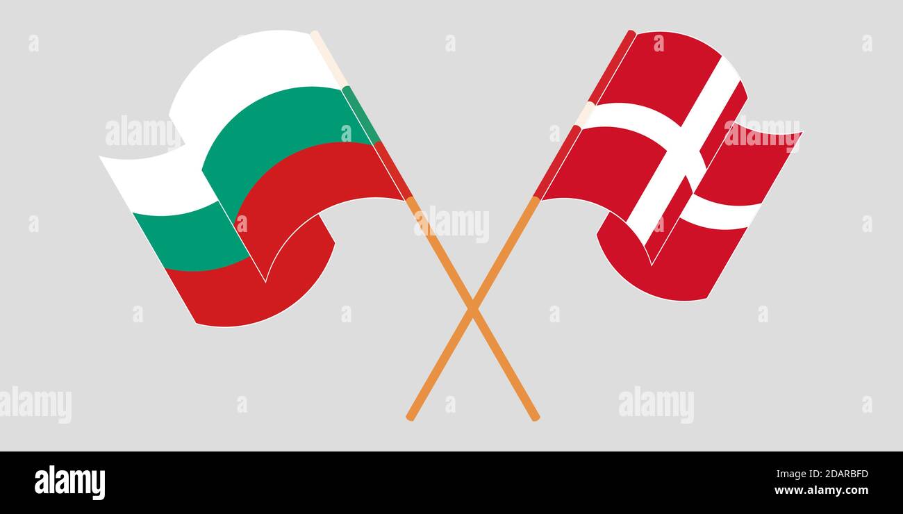 Banderas cruzadas y agitadas de Bulgaria y Dinamarca. Ilustración vectorial Ilustración del Vector