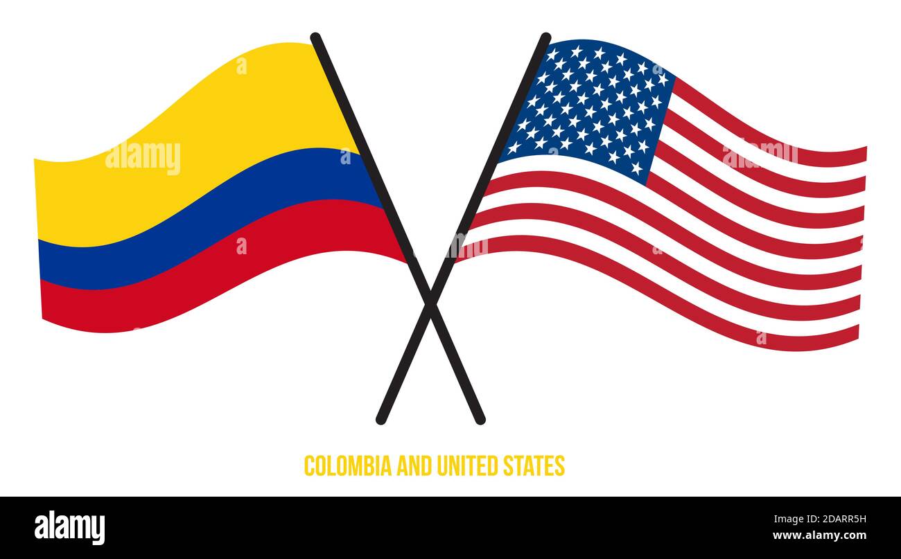 Banderas de Colombia y Estados Unidos cruzaron y agitaron estilo plano