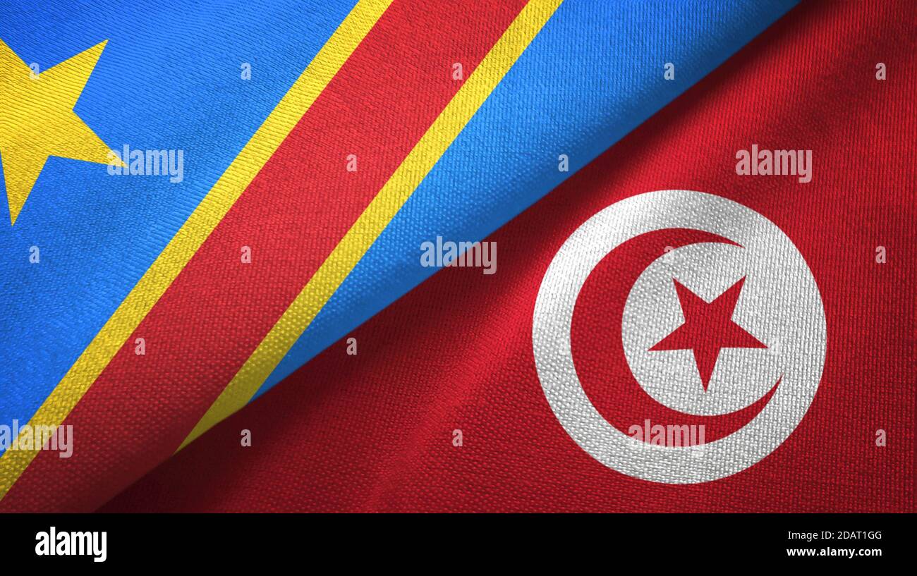 Congo República Democrática y Túnez dos banderas tela, textura de tela Foto de stock
