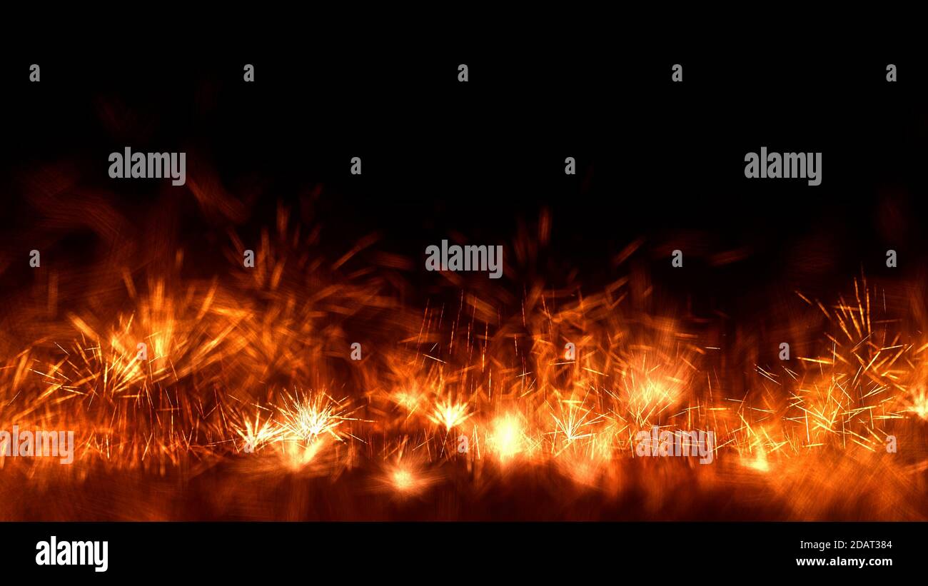 Fondo de fuegos artificiales, animación 3D realista de la quema de chispas en el suelo sobre fondo oscuro, chispas de fuegos artificiales, alta calidad 4K, renderizado en 3D Foto de stock