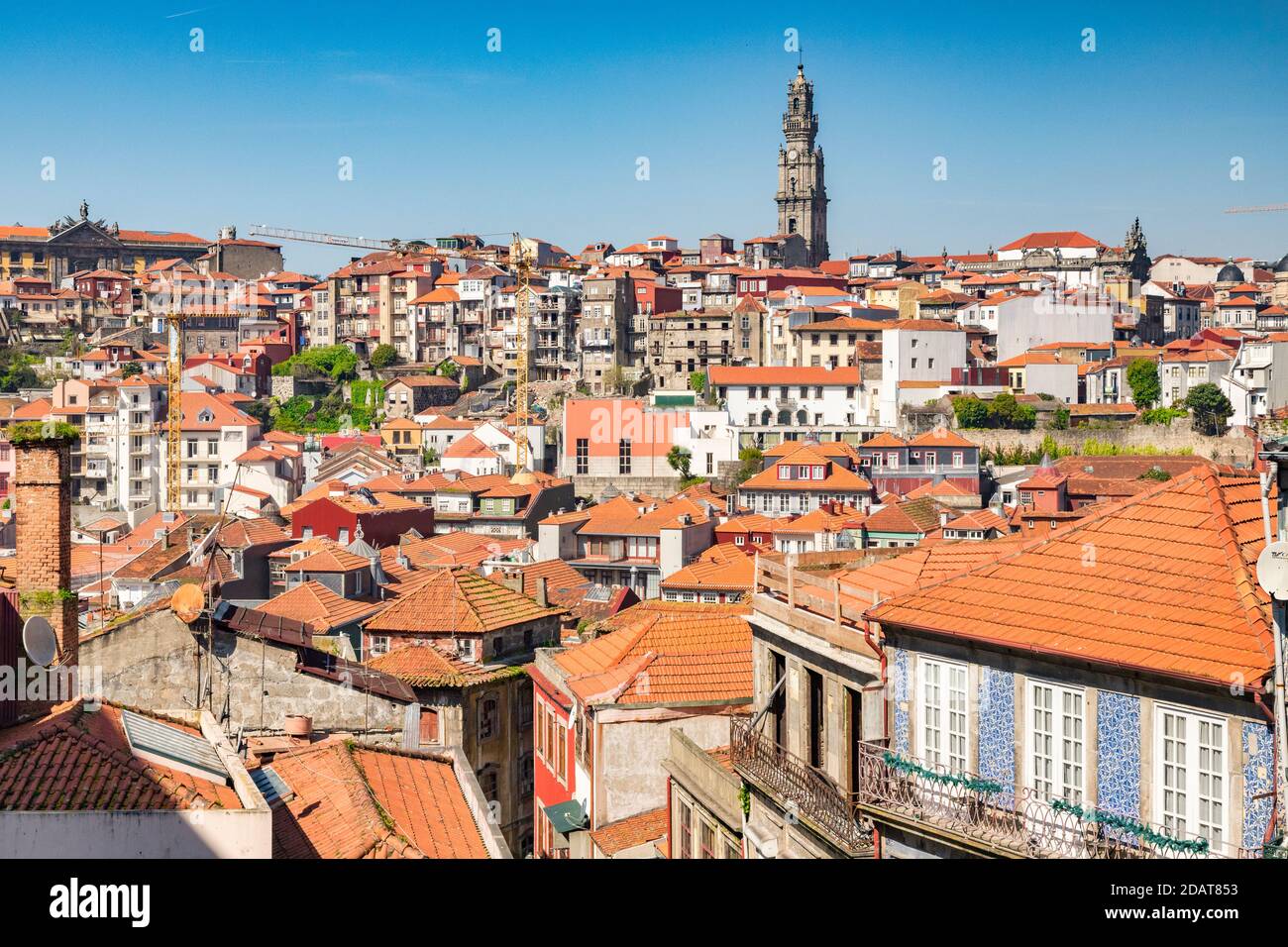 Vista a través de los tejados de Porto, Portugal, en un buen día de primavera. El horizonte está dominado por la torre de la Igreja dos Clérigos, la Iglesia de Foto de stock