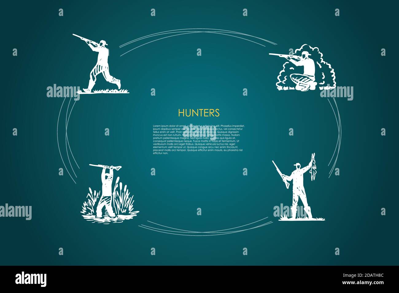 Hunters - hombres con disparos de armas en el bosque y pantano, sosteniendo el juego de conceptos de vectores de conejo matado Ilustración del Vector