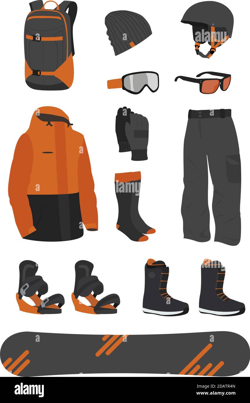 Peatonal Intuición afeitado equipo de snowboard, ropa, zapatos y accesorios de snowboarder, deportes  extremos. Iconos de actividades invernales Imagen Vector de stock - Alamy
