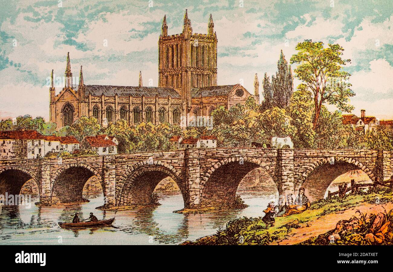 Una vista de la Catedral de Hereford, cruzando el puente de Wye sobre el río Wye en Herefordshire, Inglaterra. El sitio de la catedral se convirtió en un lugar de culto en el siglo VIII o antes, aunque la parte más antigua del edificio actual, la capilla del obispo, data del siglo 11. La catedral está dedicada a dos santos, Santa María la Virgen y San Ethelbert el Rey, decapitados por Offa, rey de Mercia en el año 794. El tesoro más famoso de la catedral es Mappa Mundi, un mapa medieval del mundo creado alrededor de 1300 por Richard de Holdingham. Foto de stock